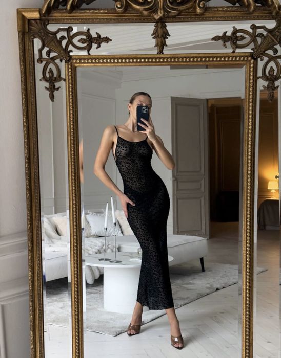 прозрачное черное платье комбинация с леопардовым бархатным узором