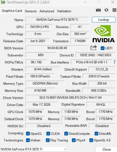 Karta Graficzna RTX 3070 TI Ventus 3x MSI 8GB