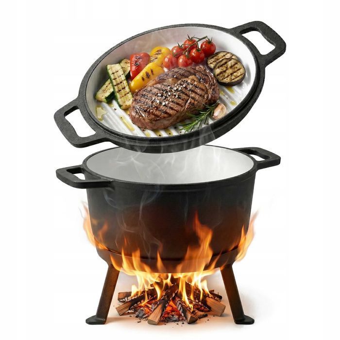 Kociołek Żeliwny Myśliwski Z Patelnią Garnek 10l 3w1 Emaliowany Na Ognisko Grill Pieczonki Gulasz Do Potraw Gorących Survival