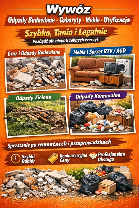 Wywóz odpadów budowlanych śmieci złomu odbiór gabarytów agd starych mebli gruzu utylizacja kontenery kontener sprzątanie posesji piwnic strychów tanio