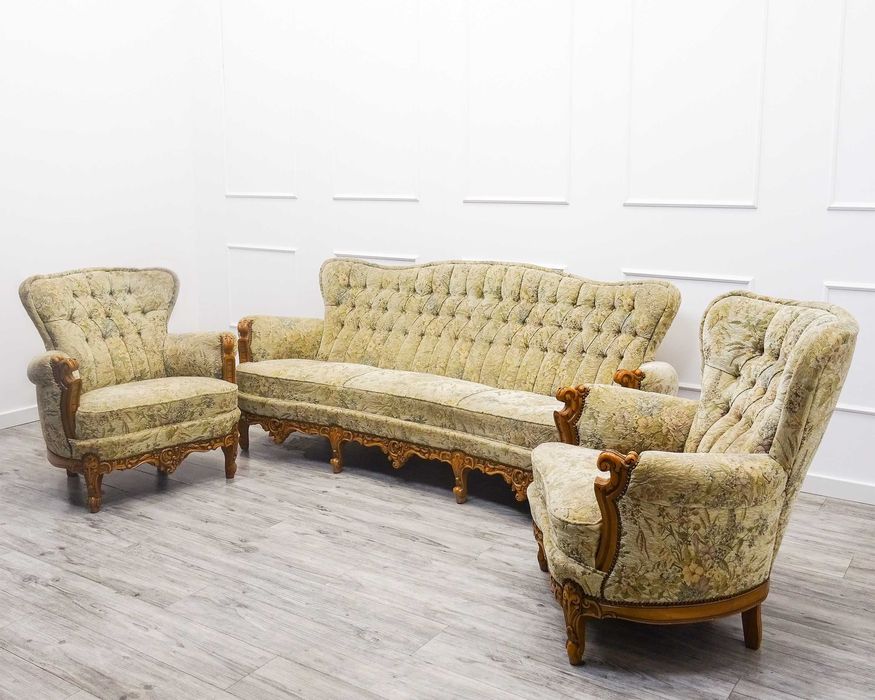 Francuski KOMPLET MEBLI do salonu ZESTAW Ludwik kanapa FOTELE BUK 60.