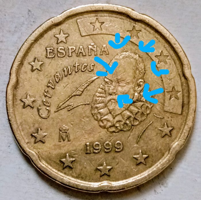 Moeda de 20 cêntimos Espanha 1999 com vários defeitos.