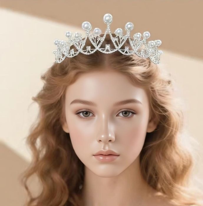 Korona Diadem Tiara Srebrna Ślub Miss 18nastka Perły Cyrkonie Panieńsk