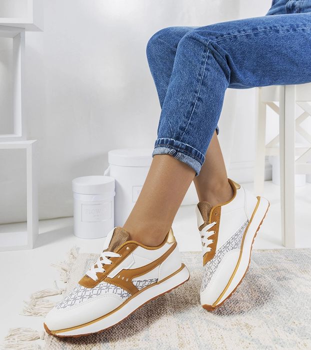 Biało brązowe sneakersy damskie Chiara