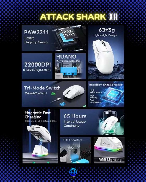 Rato (mouse)  Gamer Attack Shark X11 (selado) com Dock de carregamento