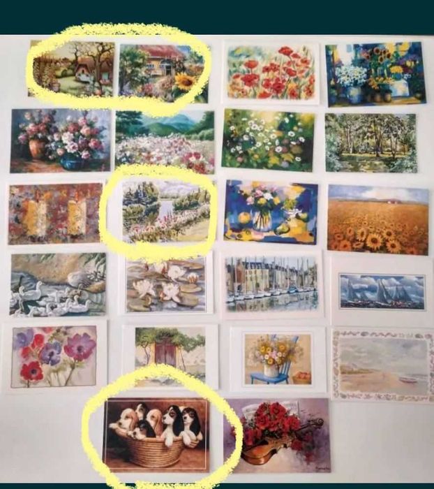 Postcards and greeting cards painted with mouth and feet