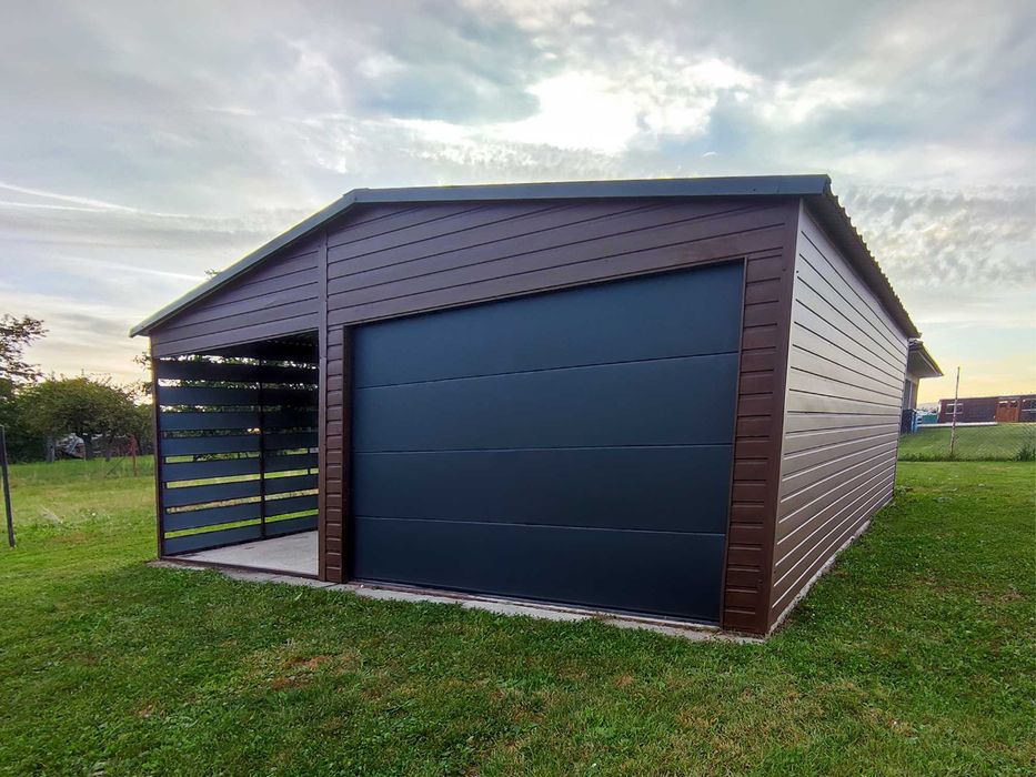 Blaszany montowany garaż 6×6 m Wiatka Brama segmentowa – orzech