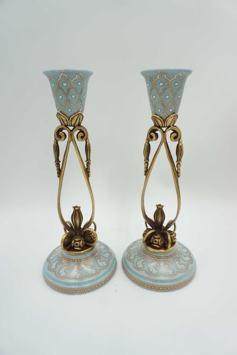 PARA świeczników bękitne porcelana z brązem