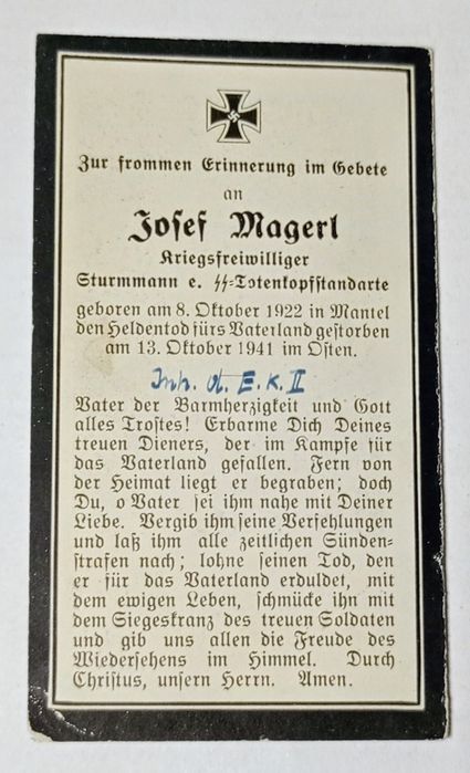 Militaria de Trincheira Cartão de Morte divisão SS Totenkopf