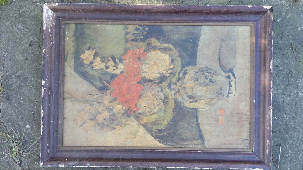 Piękny Stary obraz kwiaty w wazonie sygnowany olej antyk podpis OKAZJA