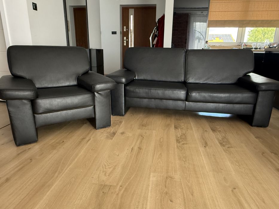 Zestaw mebli wypoczynkowych sofa + fotel czarna skóra naturalna