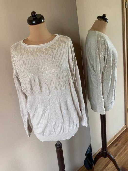 weter wlochaty 42 44 +size xl cekiny naszywki nietoperz oversize krem