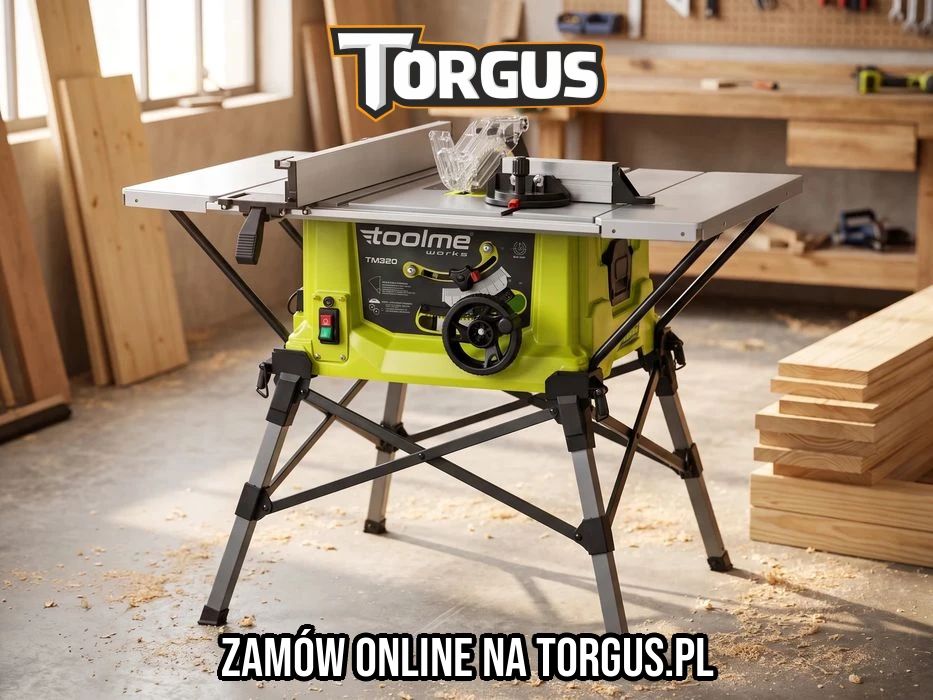 NOWA Piła Stołowa Toolme TM320 2200W 250mm Cyrkularka Krajzega Pilarka Tarczowa Soft Start 4 Blaty Składany Stelaż Cięcie 85mm Do Drewna FAKTURA!