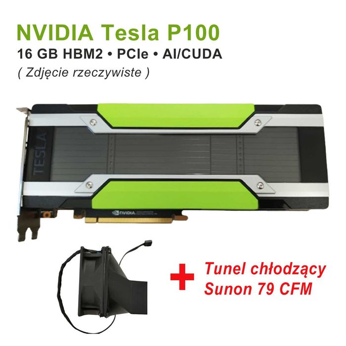 NVIDIA Tesla P100 PCIe 16GB + tunel chłodzący uniwersalny Riser + Sunon 79 CFM – komplet do AI / LLM / ComfyUI