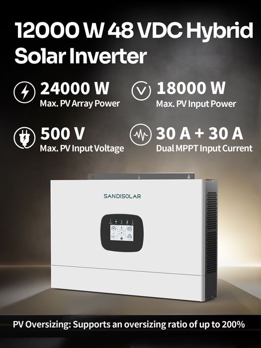Гібридний сонячний інвертор Sandisolar 12kW 48V 2 MPPT 500A, 18000W PV 250A charge