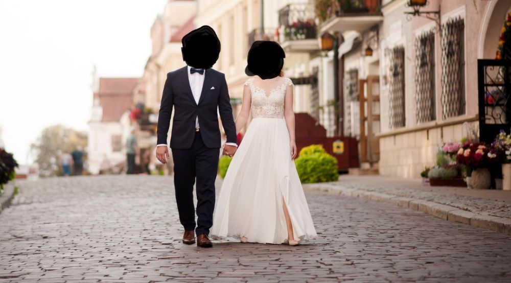 Suknia ślubna prosta, zwiewna, ecru 36, 38