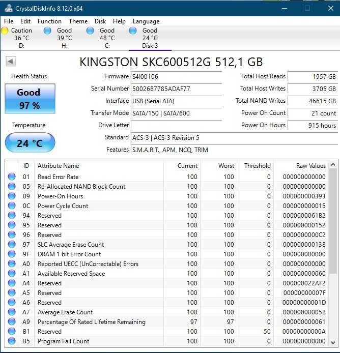 SSD 2.5 512Gb Sata Kingston SKC600512G 3D TLC NAND