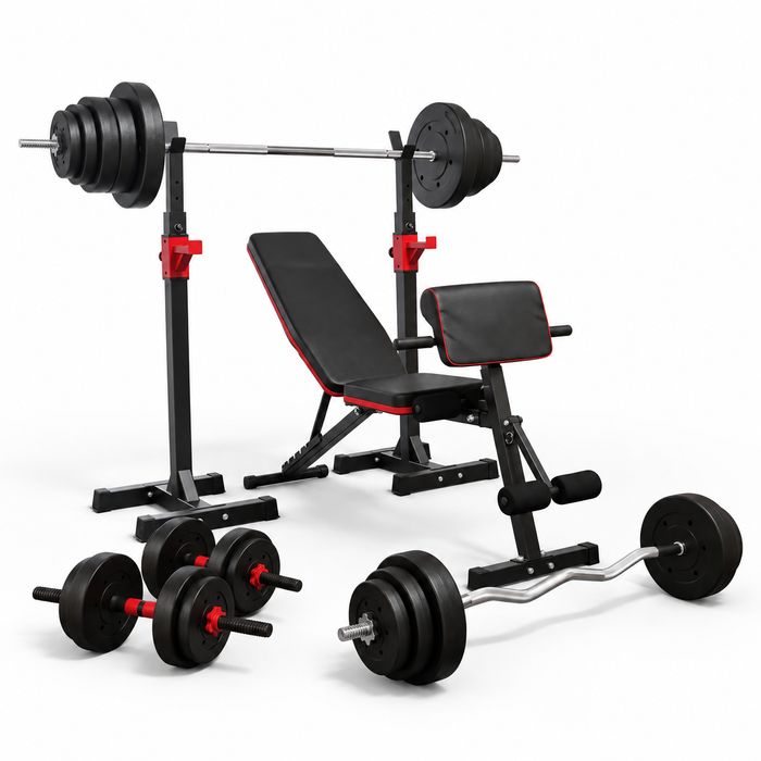 Zestaw Treningowy 130KG Lawka Stojaki Gryfy Hantle Obciazenia