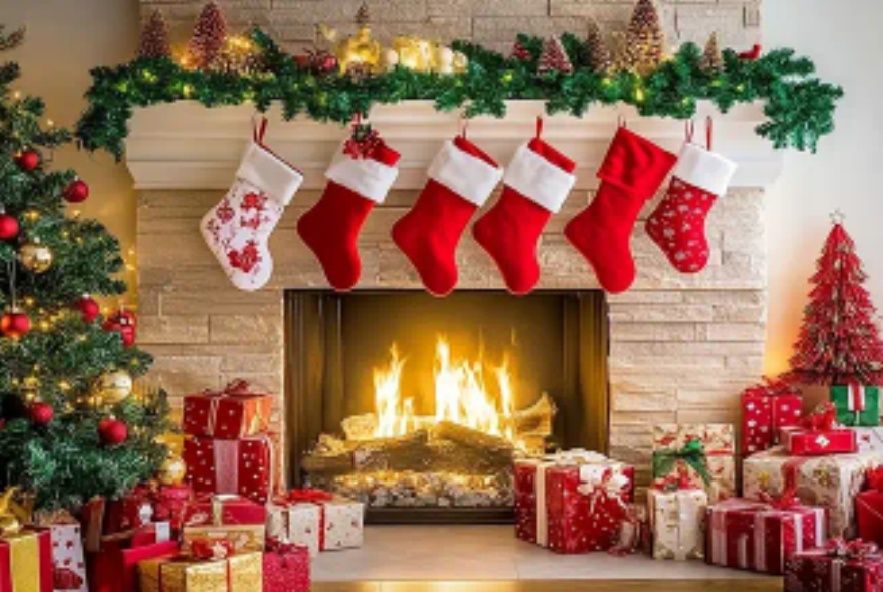 Tło fotograficzne świąteczne kominek skarpety
