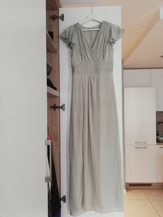 Sukienka szałwiowa długa wizytowa z rozcięciem