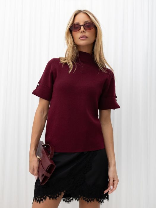 Sweter damski bordowy półgolf krótki rękaw cyrkonie ITALY MODA one size