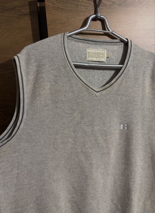 Szara kamizelka swetrowa Russell Athletic XL | Vintage Preppy Y2K Bawełna