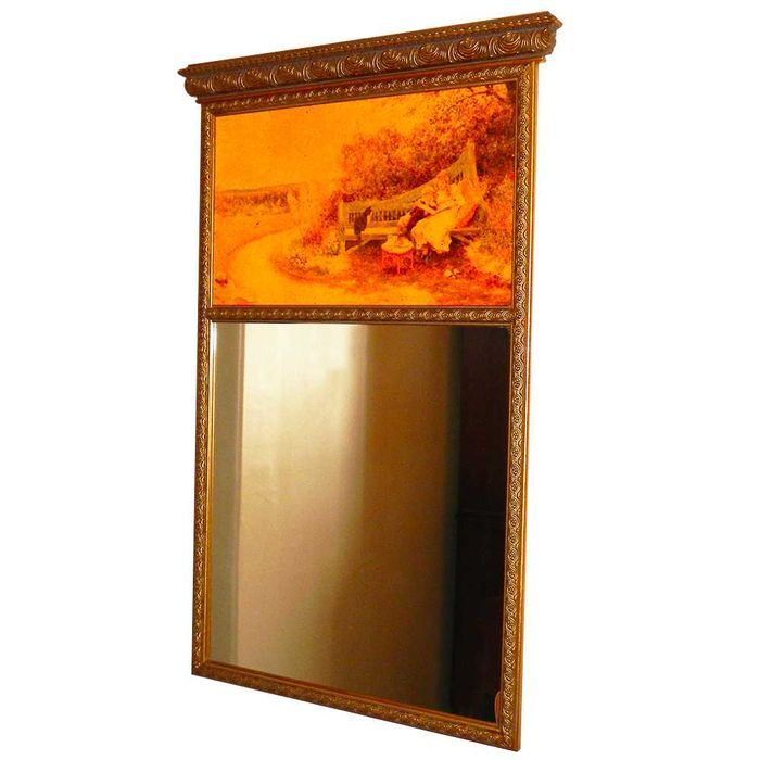 Espelho parede moldura madeira entalhada dourada encimado c/ pintura