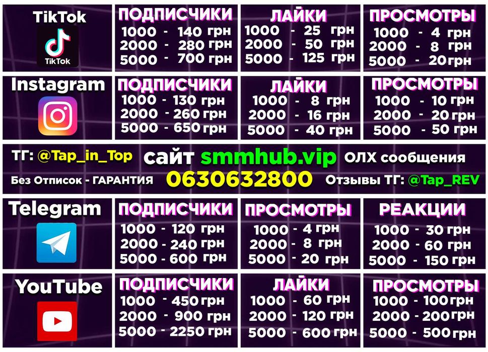 Підписники в Инстаграм TikTok Yotube Telegram Discord Likee Розкрутка