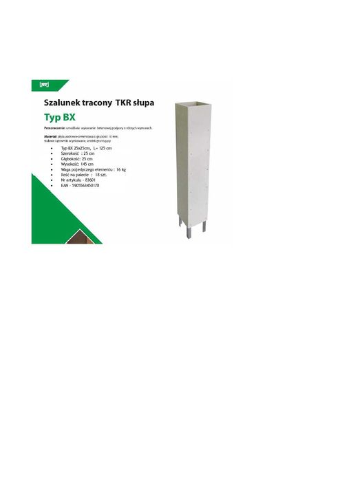 Szalunek tracony słupa TKR typ BX 25x25x125cm