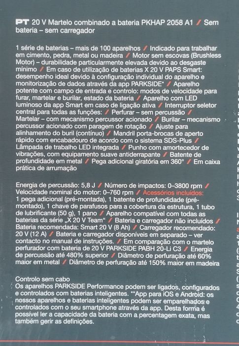 Martelo perfurador de 5,8 joules Parkside Performance a bateria 20V