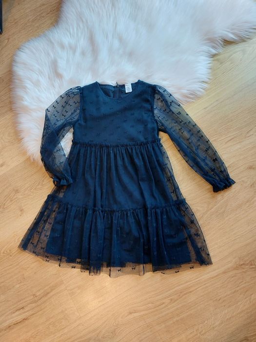 Elegancka granatowa sukienka z tiulem dziewczęca delikatne rękawy