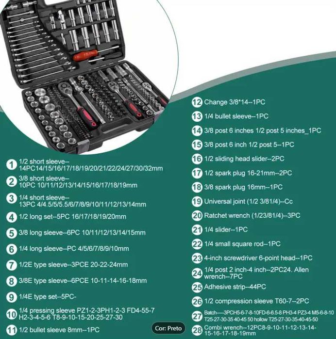 F1270 Conjunto 216 PEÇAS ferramentas mecânicas em aço cromo vanádio