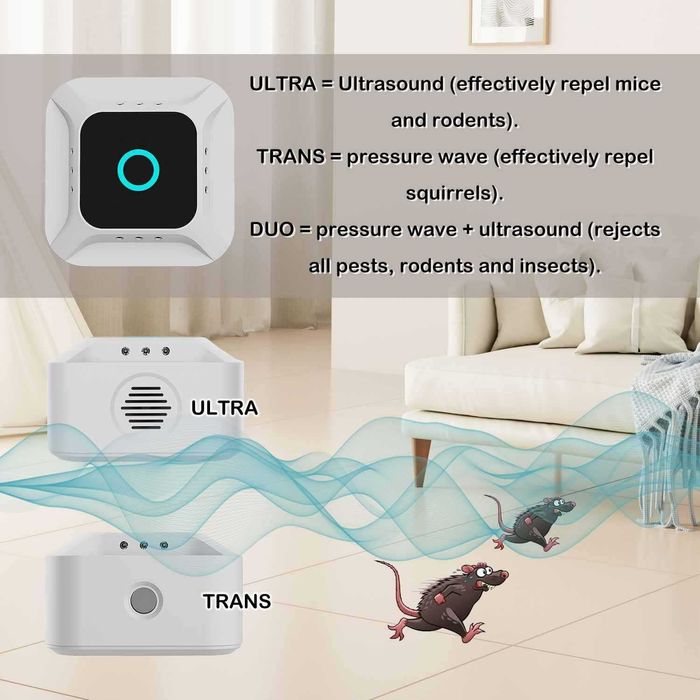 Ultradźwiękowy odstraszacz myszy gryzoni zasięg 300m² szczurów mrówek