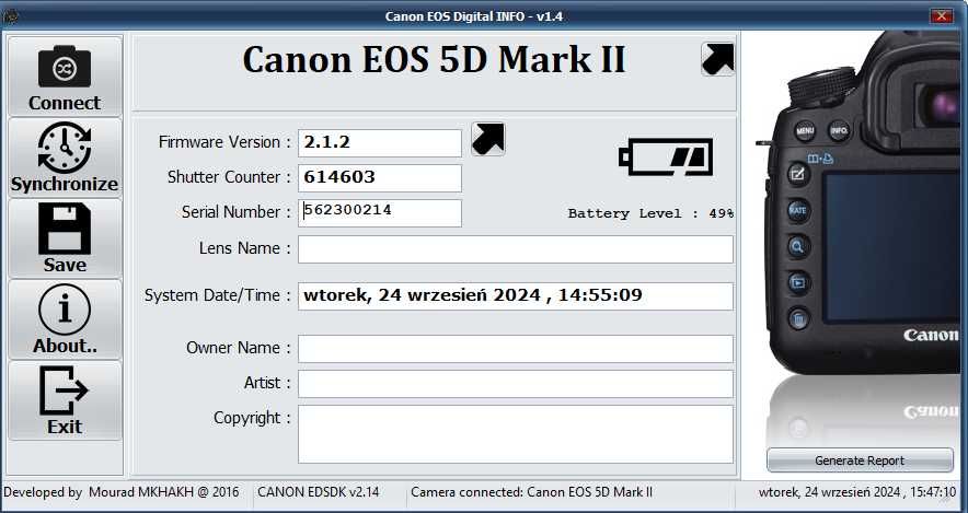 Aparat fotograficzny. Lustrzanka. Canon EOS 5D Mark II