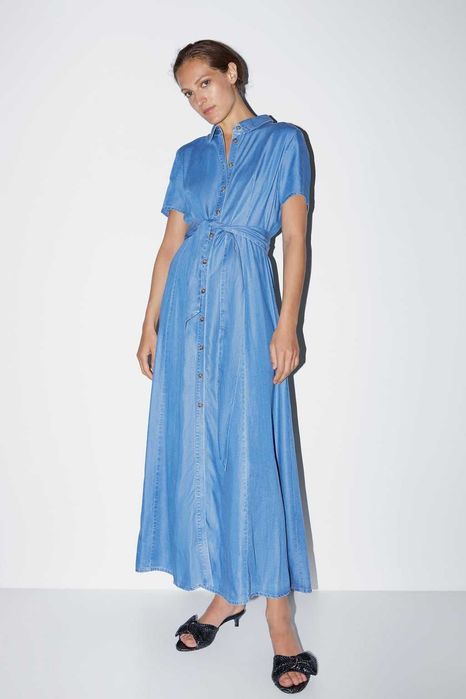 Vestido comprido azul 'ganga' em liocel Zara Tam L Sintra (Santa