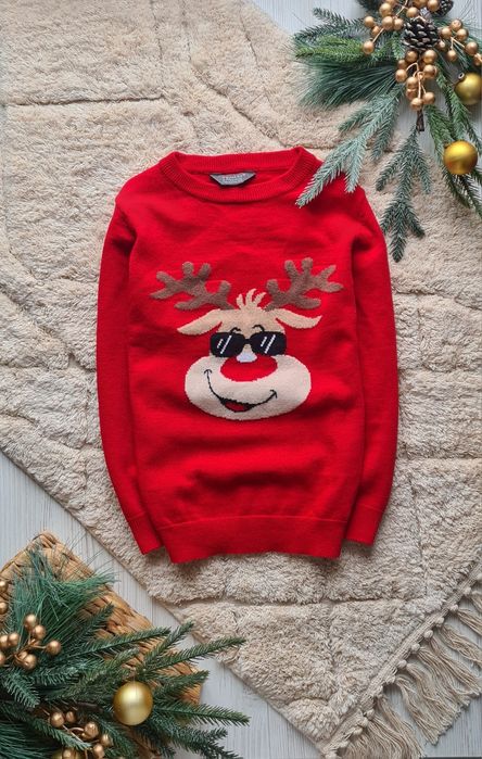 Новогодний свитер 5-6 лет , новорічна кофта, свитер с оленем,дед мороз