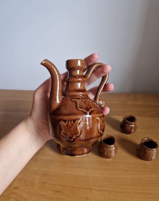 Serwis gliniany brązowy kawiarka rustykalny stary 6 kubeczków