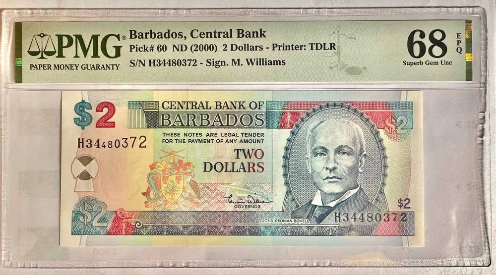 Nota de Barbados – 2 Dólares ND 2000 – Pick# 60 -PMG 68 EPQ Superb Gem Unc