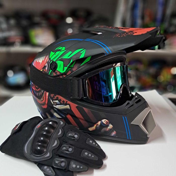 Кроссовый мото шлем Pit Bike Mad Joker с очками и перчатками