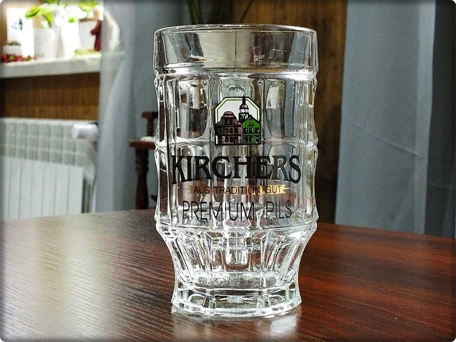 Niemiecki Szklany Kufel z uchem Kirchers Grube szkło Kolekcjonerski