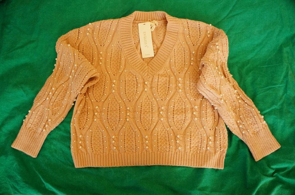 Sweter z perełkami koralikami allie róż oversize Exquiss’s Paris 42 44