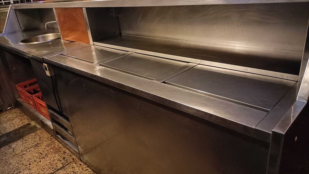 Balcão Inox 3 gavetas refrigeração, poço máq. imperial, lava loiças