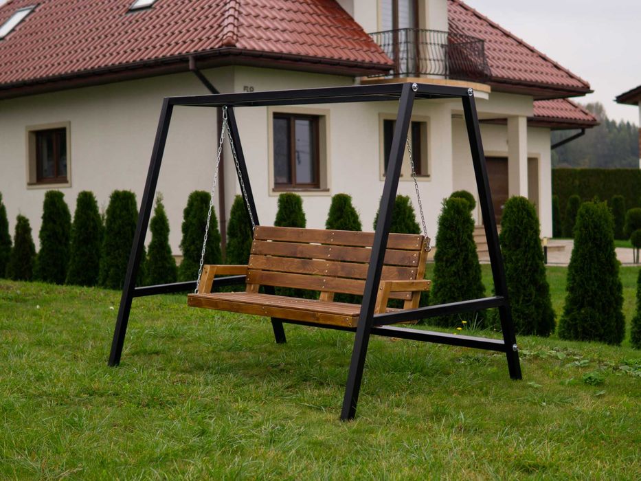 Huśtawka ogrodowa stalowo-drewniana trwała, stabilna, wykonana na lata