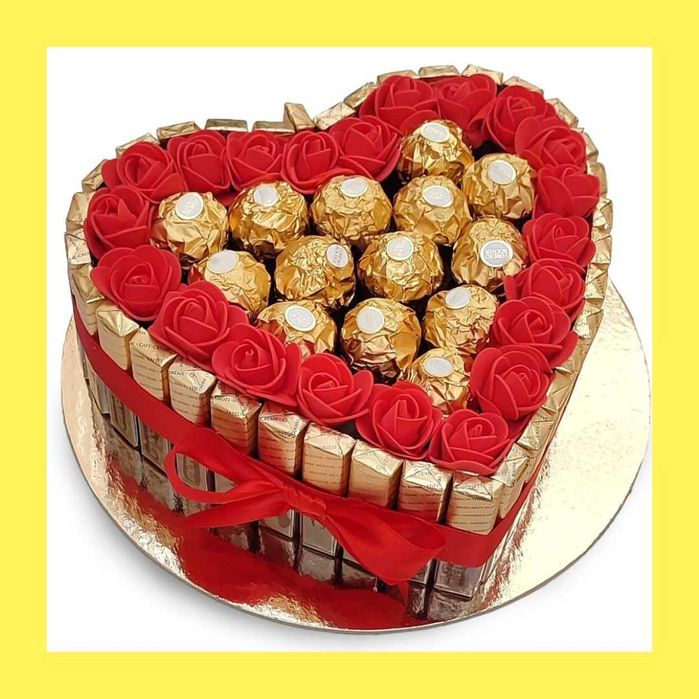 Tort Serce ze słodyczy Ferrero Rocher, róże. Prezent na 35 Urodziny.