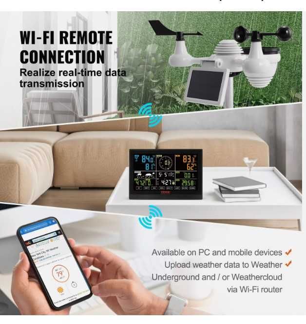 Estação meteorológica, alimentada por painel solar, sem fios