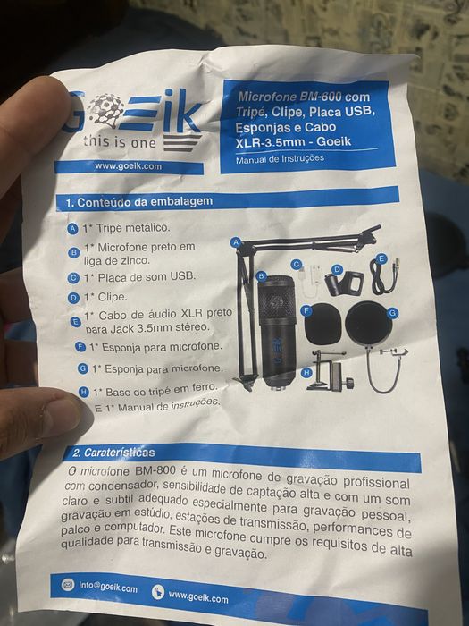 Microfone Goeik Bm-800 com Tripé, Suporte, Clipe, Placa USB, Esponjas