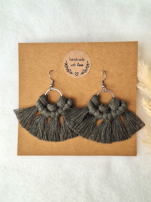 Kolczyki w stylu boho bigiel sznurek khaki stal chirurgiczna handmade