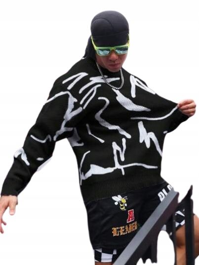 Shein czarny sweter męski z szarym wzorem s 1ga