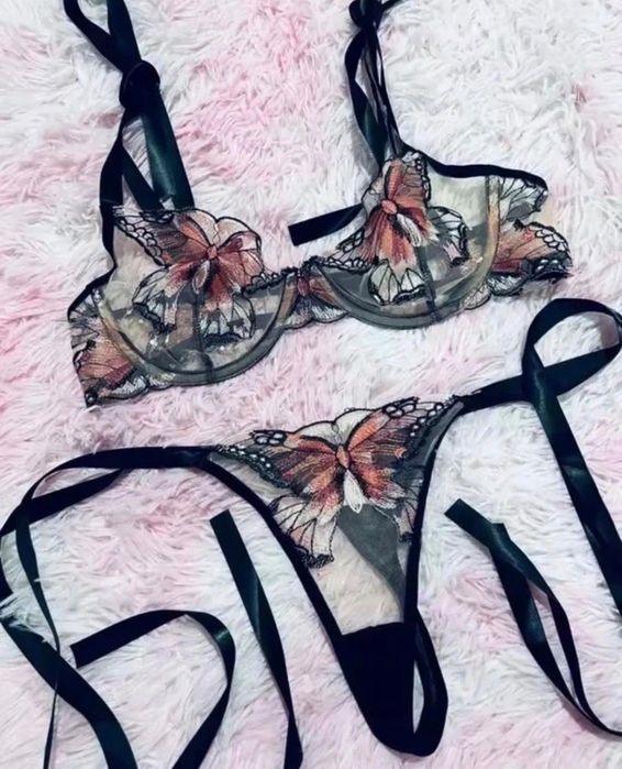 Komplet bielizny koronkowy czarny wiązany two piece set lace na prezent XL