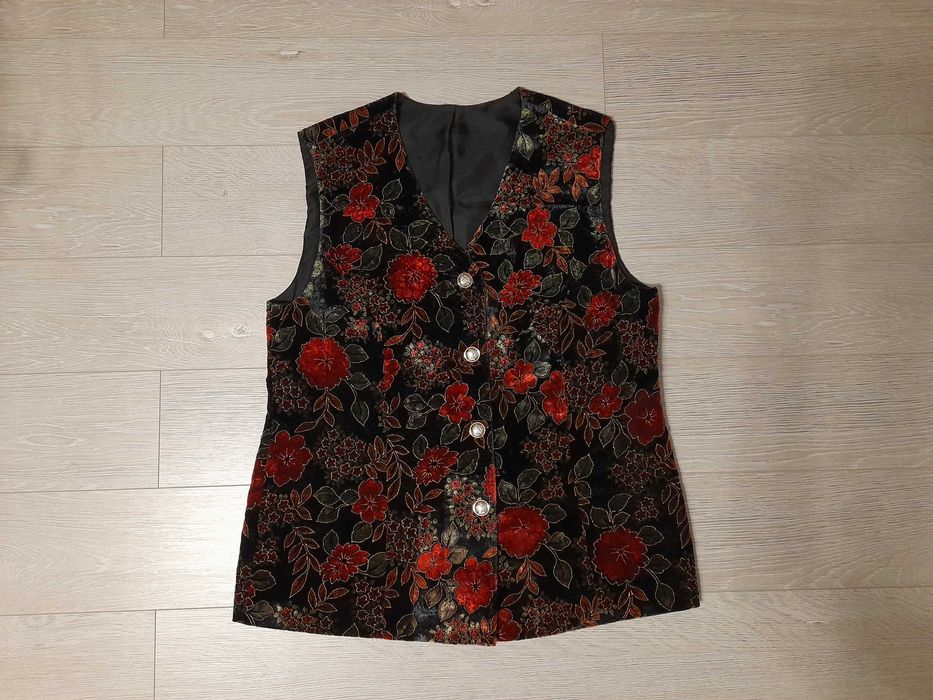 Kamizelka aksamit w kwiaty, złote vintage obwód pach 110cm